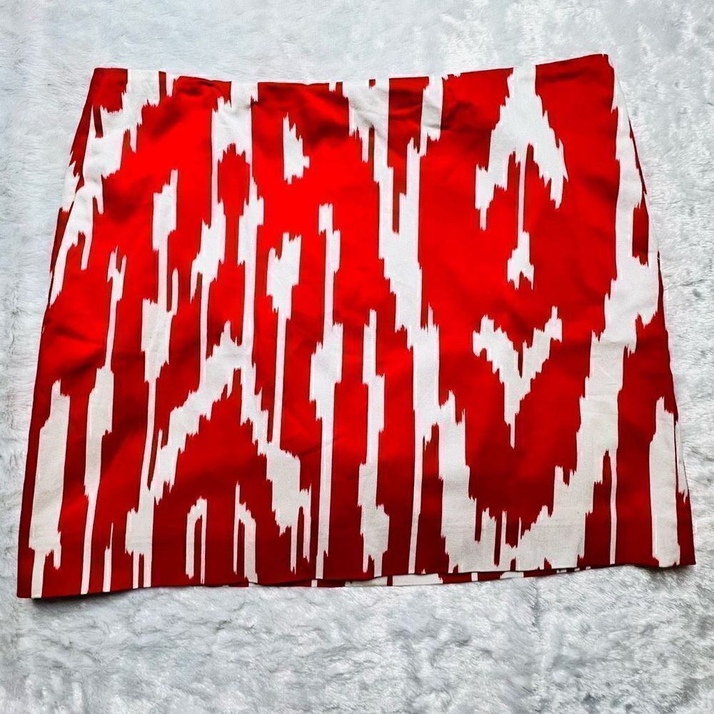 J Crew Womens Red and Orange Ikat Print Back Zip Stetch Mini Skirt Size 8